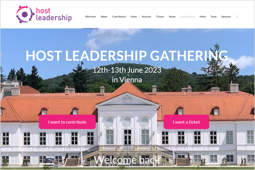 Screenshot der Webseite zum Host Leadership Gathering 2023 Wien, mit Ansicht der Front des Schlosses Miller-Aichholz.